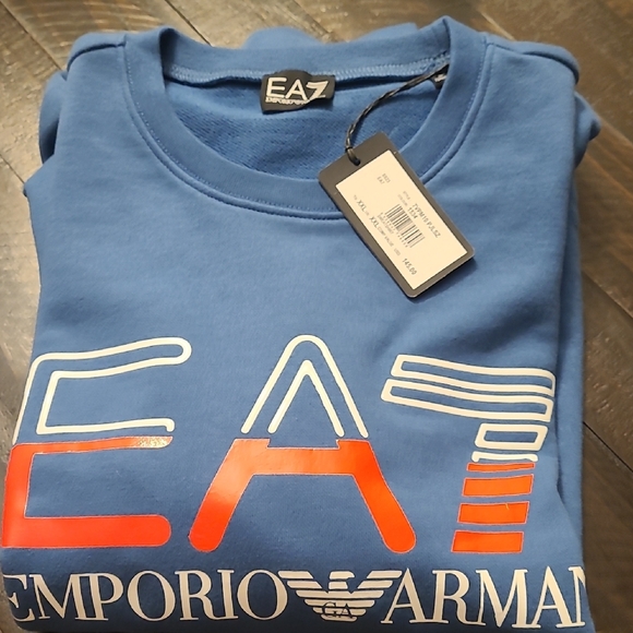 Emporio Armani Blue and Red Crewneck Sweater with Bold Logo